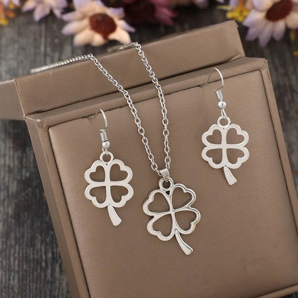 Lucky Clover Alloy Earrings and Necklace Jewelry Set - Tredona LLC