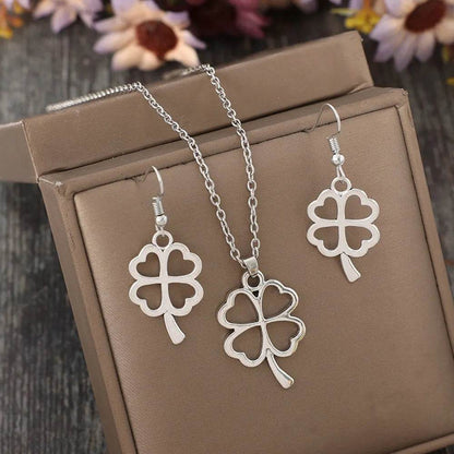 Lucky Clover Alloy Earrings and Necklace Jewelry Set - Tredona LLC