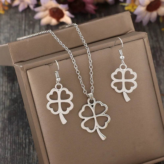 Lucky Clover Alloy Earrings and Necklace Jewelry Set - Tredona LLC