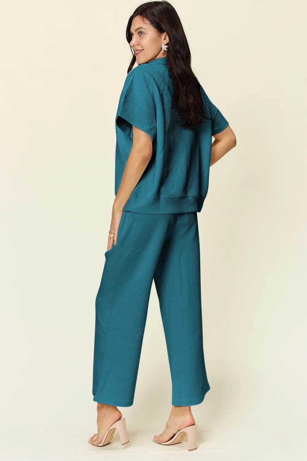 Double Take Full Size Texture Half Zip Short Sleeve Top and Pants Set - Tredona LLC
