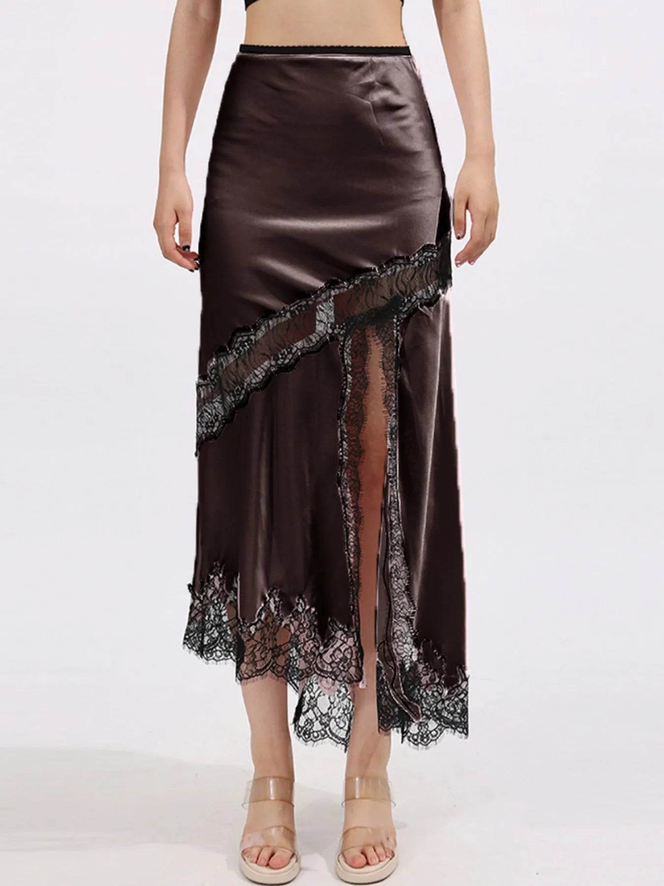 Lace Trim Asymmetrical Midi Skirt - Tredona LLC