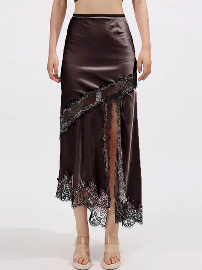 Lace Trim Asymmetrical Midi Skirt - Tredona LLC