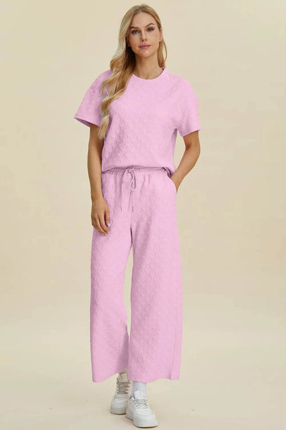 Double Take Full Size Texture Round Neck Short Sleeve Top and Pants Set - Tredona LLC