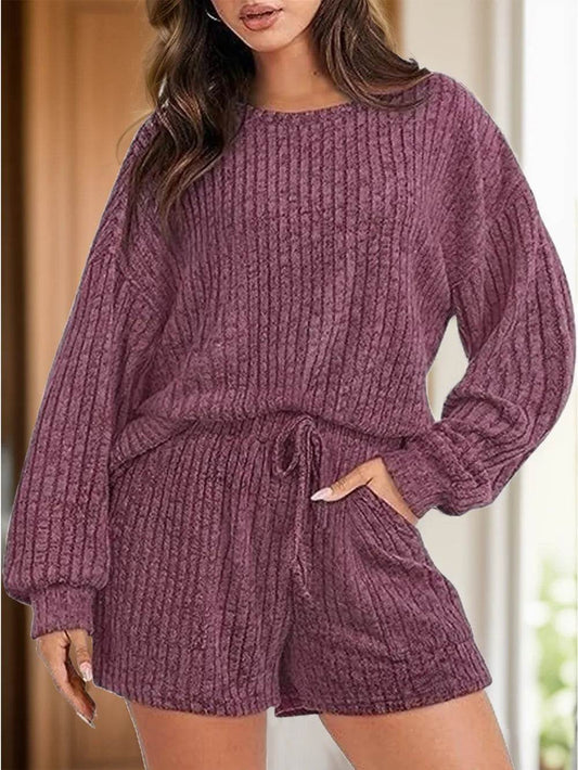 Round Neck Dropped Shoulder Top and Shorts Set - Tredona LLC