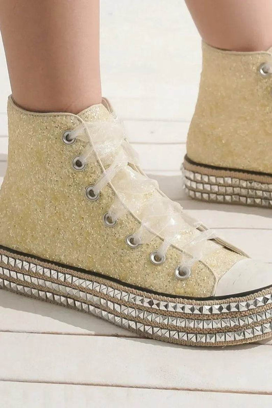 Beast Fashion Glitter Lace-Up Studded Platform Sneakers - Tredona LLC
