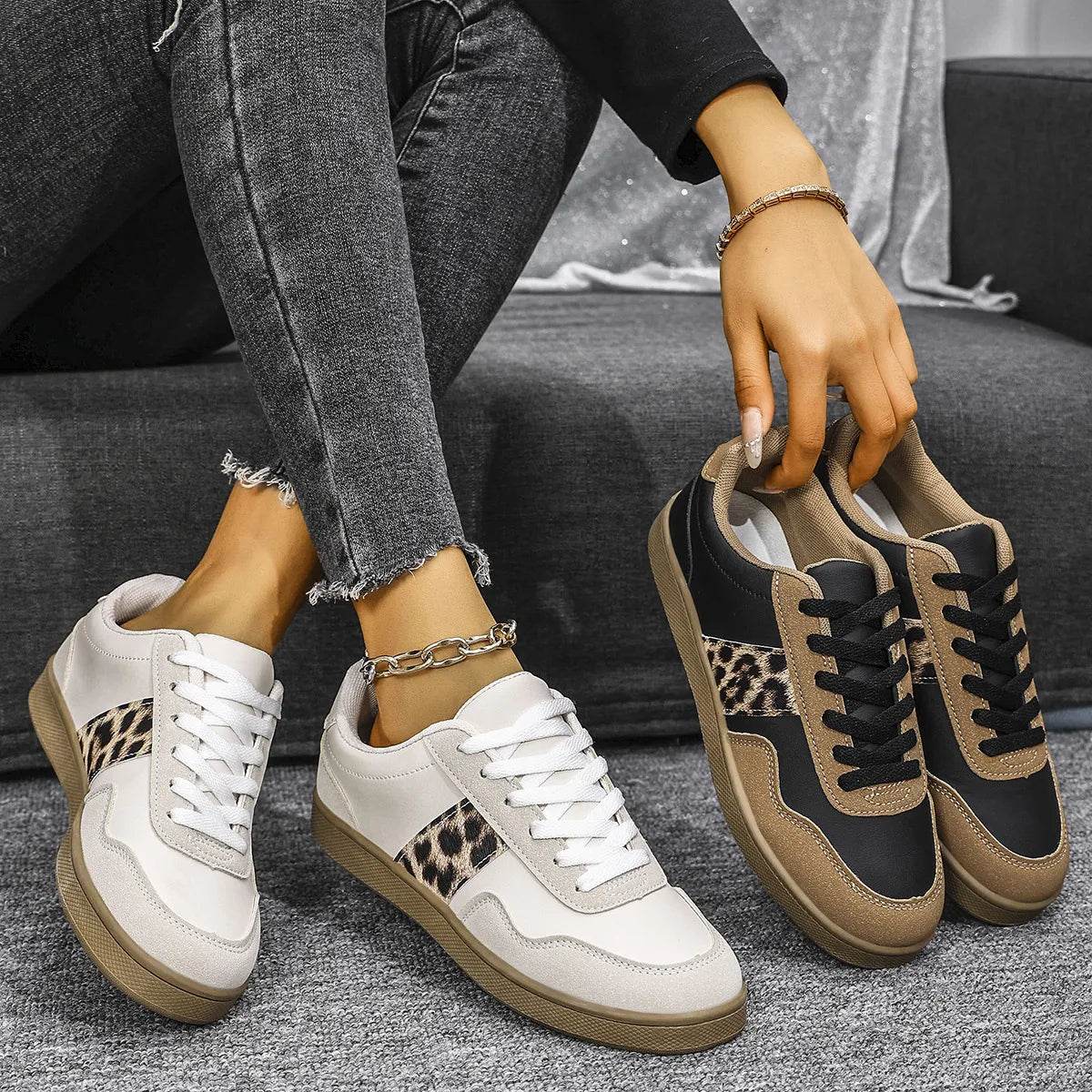 Leopard Lace Up Round Toe Sneakers - Tredona LLC