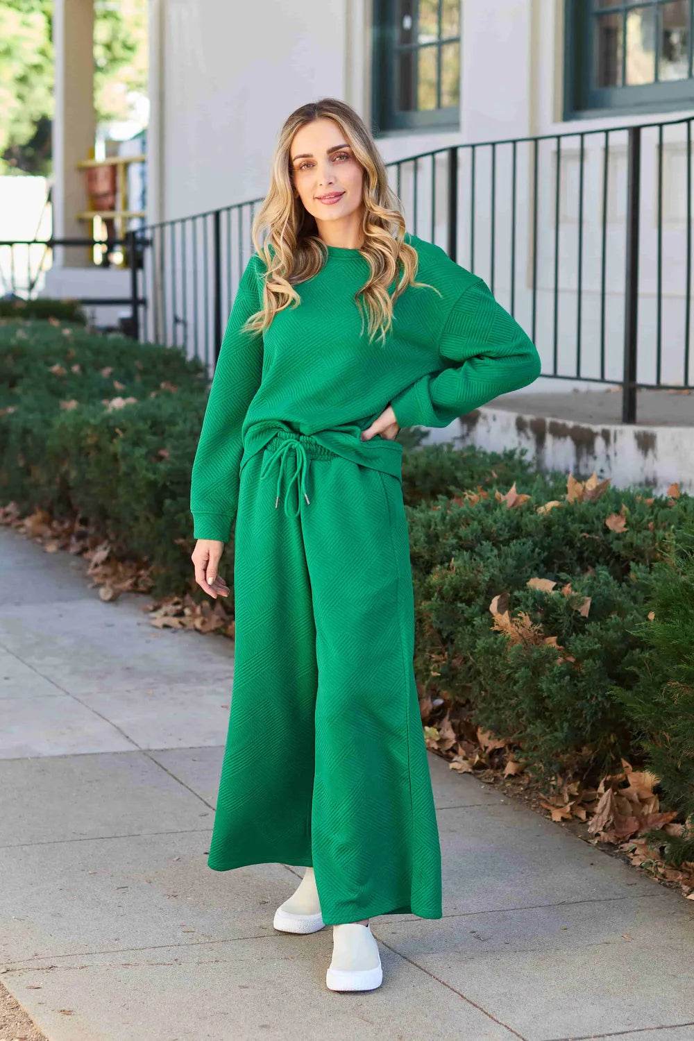 Double Take Full Size Textured Long Sleeve Top and Drawstring Pants Set - Tredona LLC