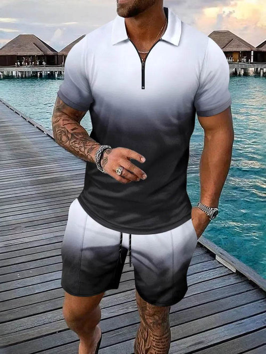 Men's Full Size Gradient Collared Neck Top and Shorts Set Plus Size - Tredona LLC