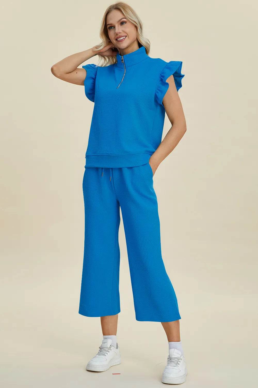 Double Take Full Size Texture Ruffle Short Sleeve Top and Wide Leg Pants Set - Tredona LLC