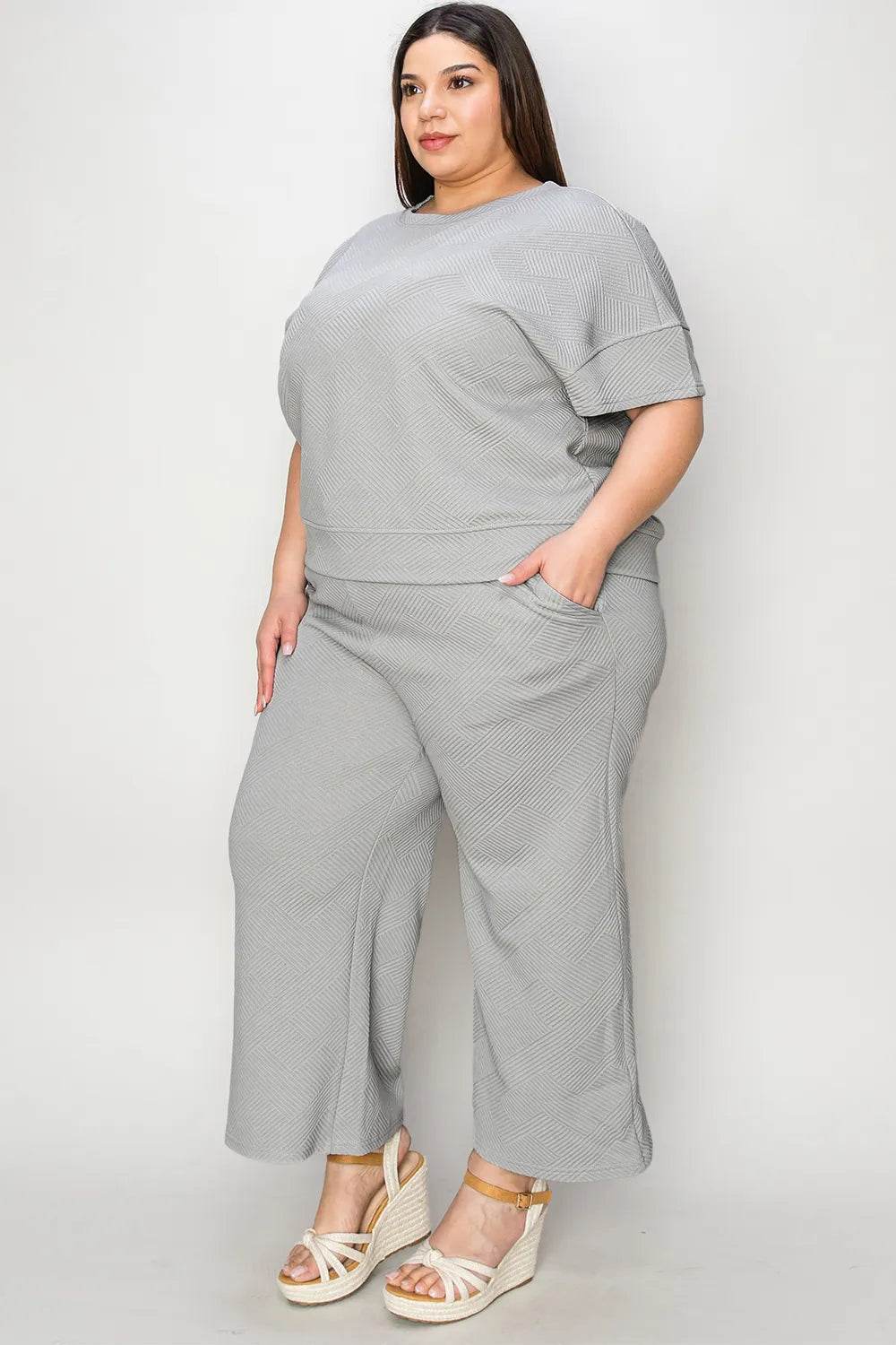 Double Take Full Size Texture Short Sleeve Top and Pants Set - Tredona LLC