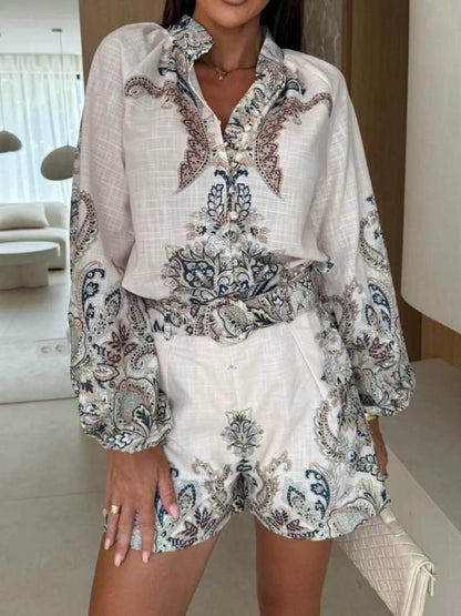 Printed Long Sleeve Shirt and Shorts Set - Tredona LLC