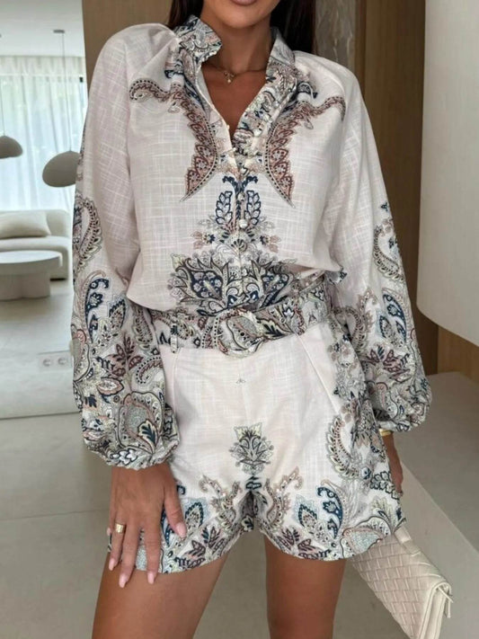 Printed Long Sleeve Shirt and Shorts Set - Tredona LLC