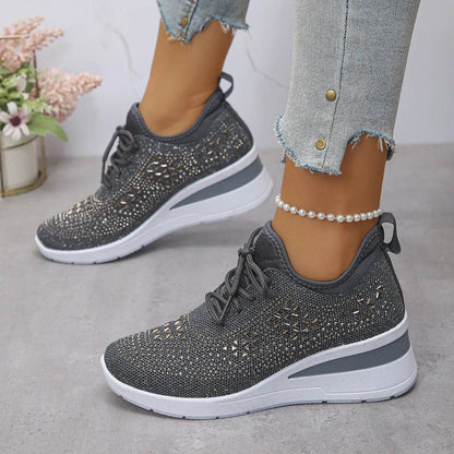 Breathable Mesh Rhinestone Wedge Athletic Sneakers - Tredona LLC