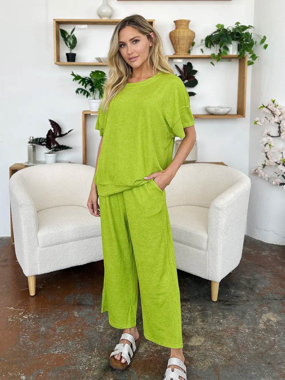 Double Take Full Size Texture Round Neck Short Sleeve T-Shirt and Wide Leg Pants - Tredona LLC