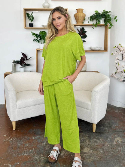 Double Take Full Size Texture Round Neck Short Sleeve T-Shirt and Wide Leg Pants - Tredona LLC