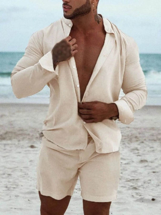 Men's Full Size Button Up Long Sleeve Shirt and Shorts Set Plus Size - Tredona LLC