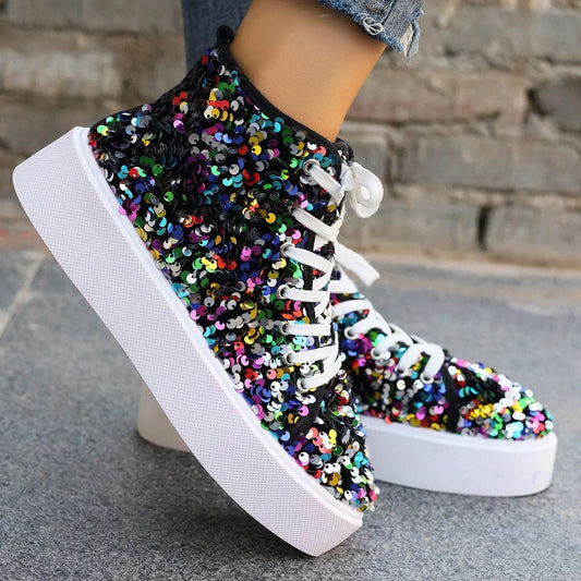 Sequin Round Toe Platform Sneakers - Tredona LLC
