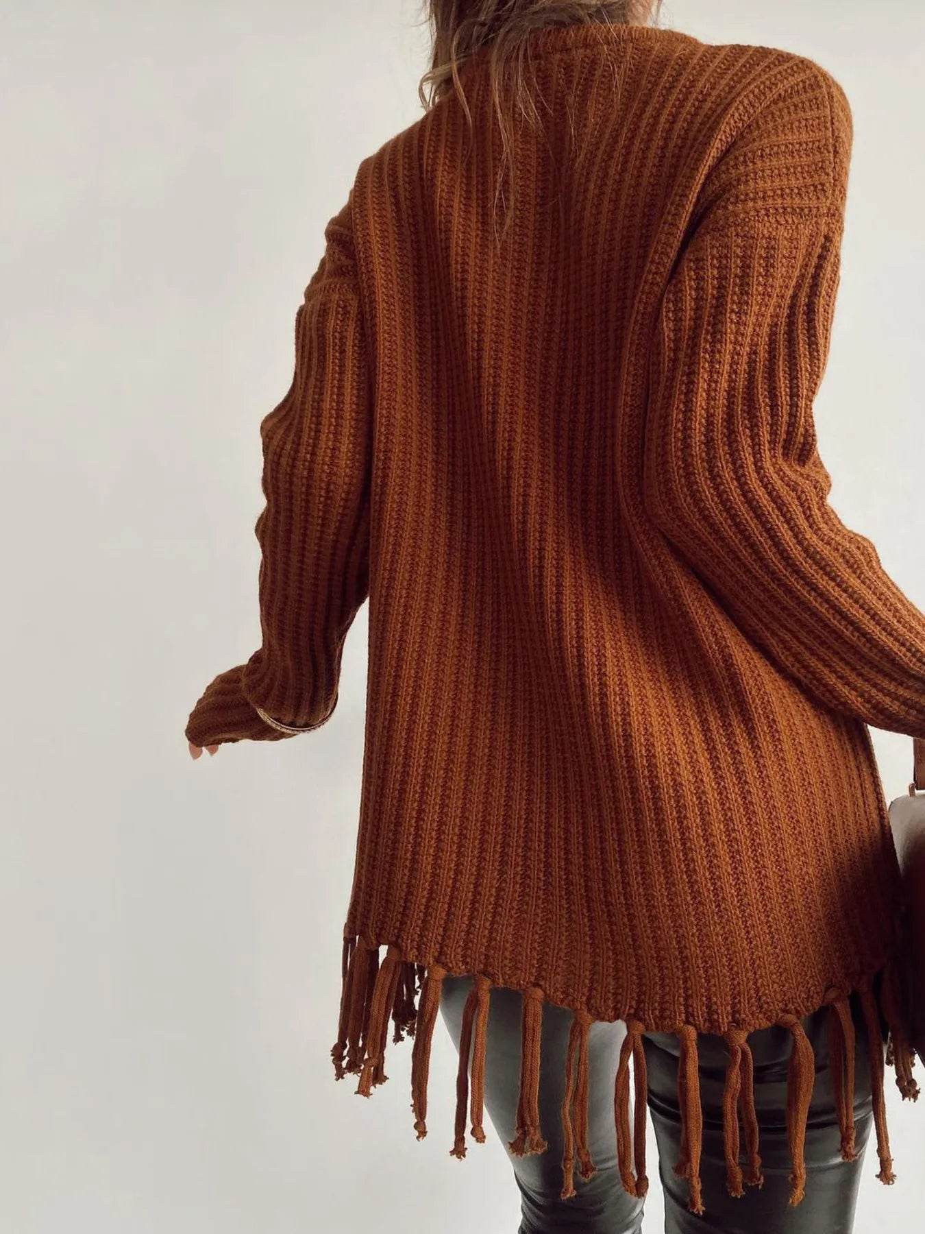 Fringe Round Neck Long Sleeve Sweater - Tredona LLC
