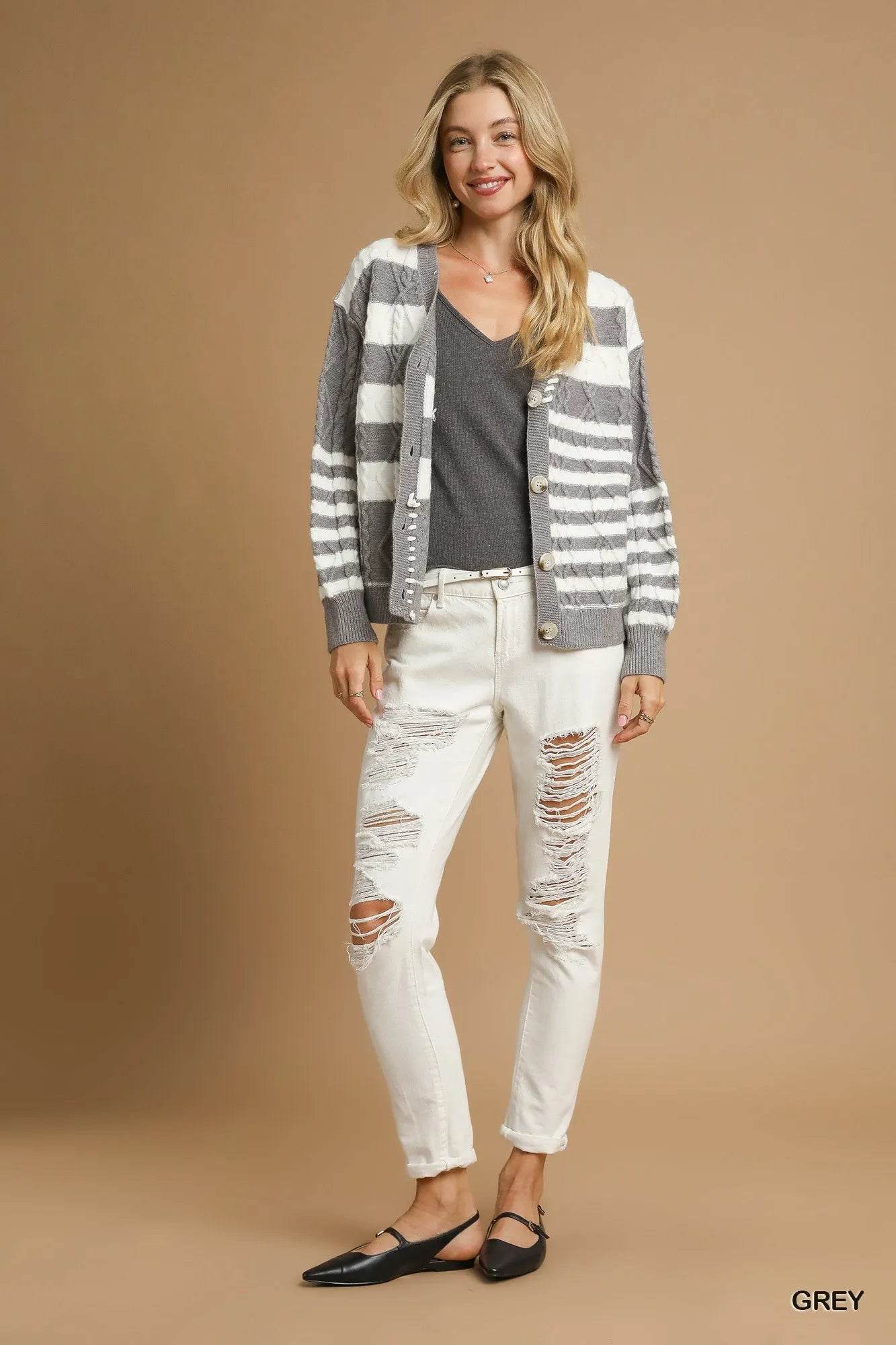 Umgee Cable-Knit Stripe Button-Up Cardigan - Tredona LLC