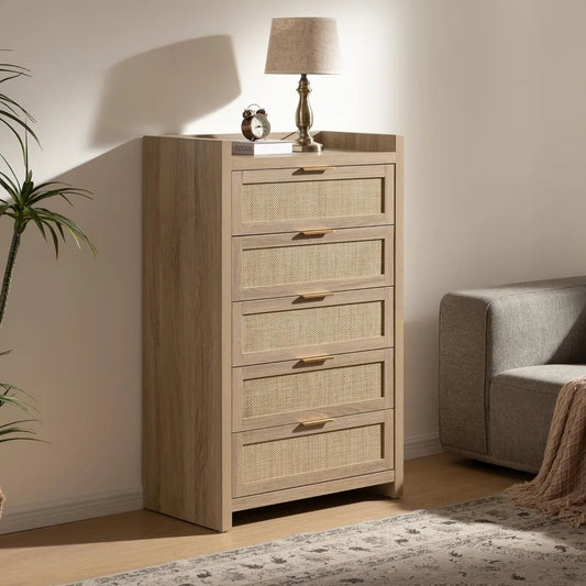 SICOTAS Dresser for Bedroom Chest of Drawers 46 Tall Dresser for Closet with 5 Rattan Drawers Boho Night Stand Large Clothes Sto