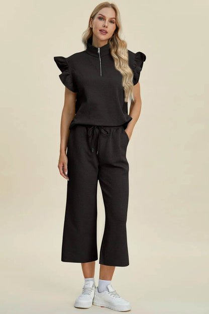 Double Take Full Size Texture Ruffle Short Sleeve Top and Wide Leg Pants Set - Tredona LLC