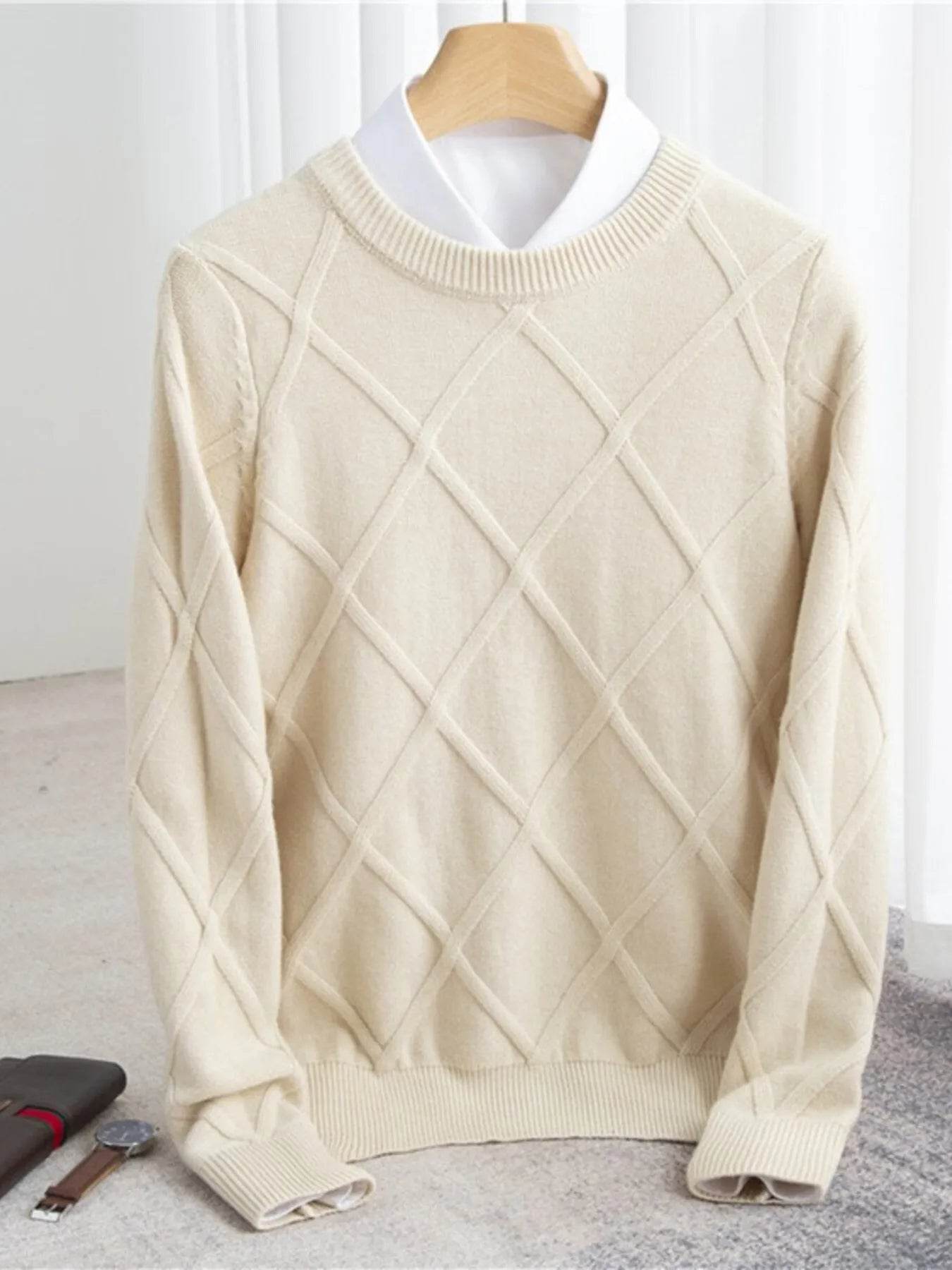 Men's Full Size Diamond Pattern Long Sleeve Sweater Plus Size - Tredona LLC