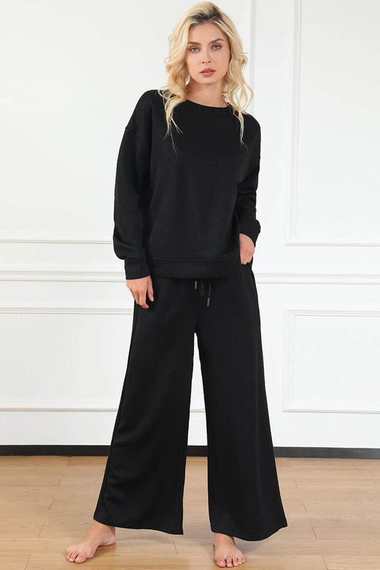 Double Take Full Size Textured Long Sleeve Top and Drawstring Pants Set - Tredona LLC