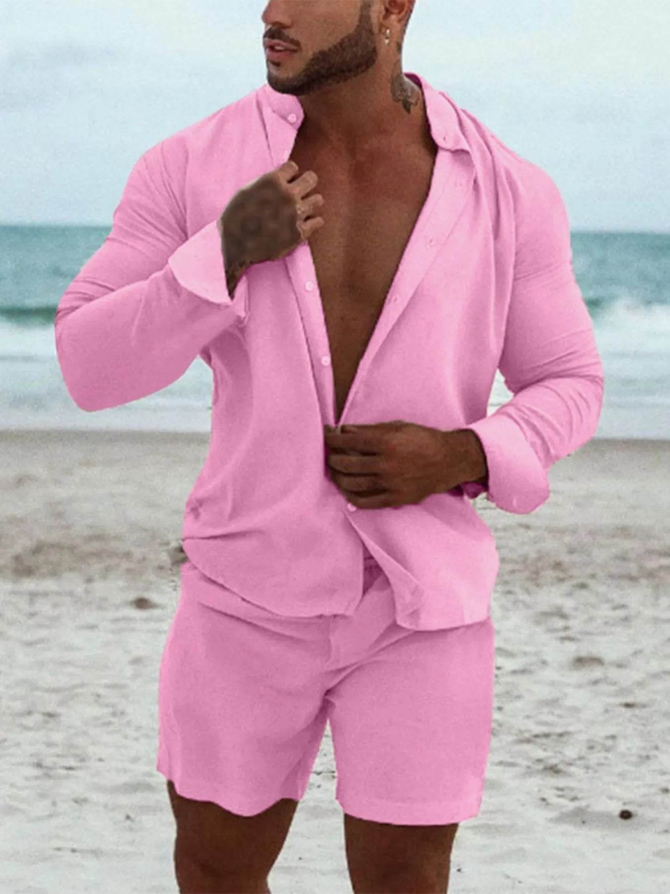 Men's Full Size Button Up Long Sleeve Shirt and Shorts Set Plus Size - Tredona LLC