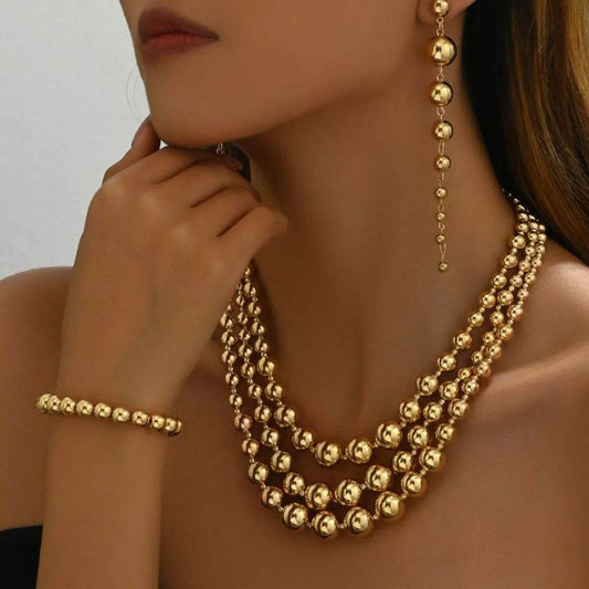 18K Stainless Steel Beaded Multi-Layered Necklace Bracelet Earrings Jewelry Set - Tredona LLC