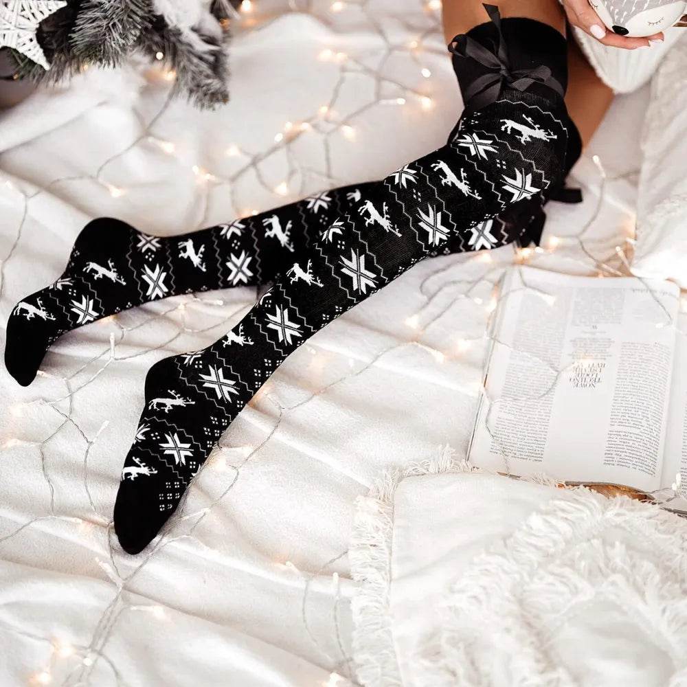 Christmas Element Bowknot Ribbed Trim Over Knee Stockings - Tredona LLC
