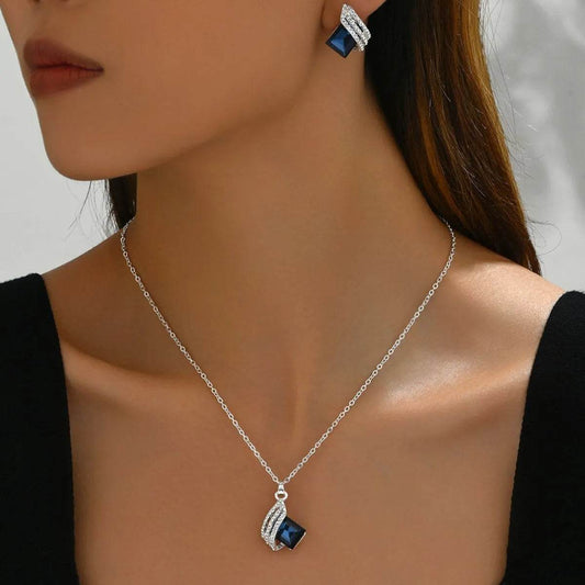 Stainless Steel Crystal Geometric Earrings and Necklace Jewelry Set - Tredona LLC