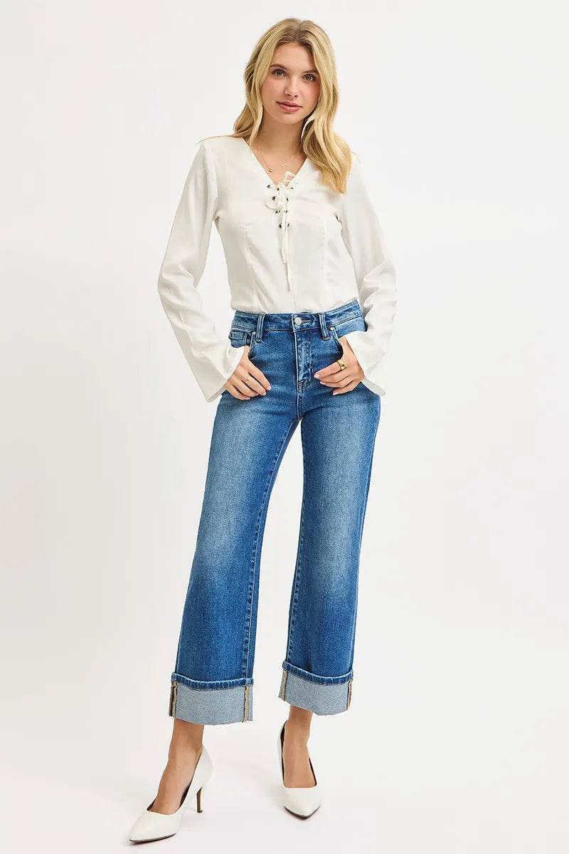 RISEN Full Size Mid Rise Crop Straight Cuffed Jeans Plus Size - Tredona LLC
