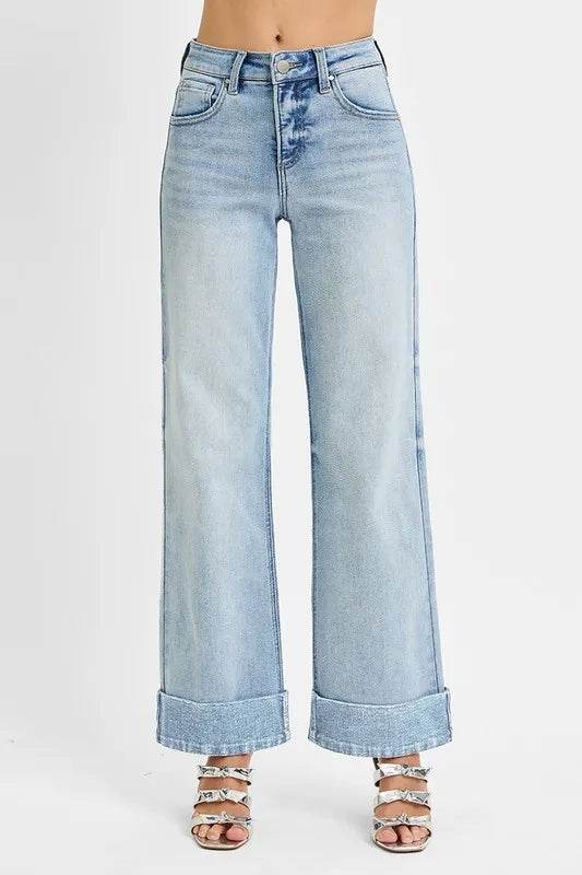 RISEN Full Size Tummy Control High Rise Ankle Wide Cuffed Jeans Plus Size - Tredona LLC