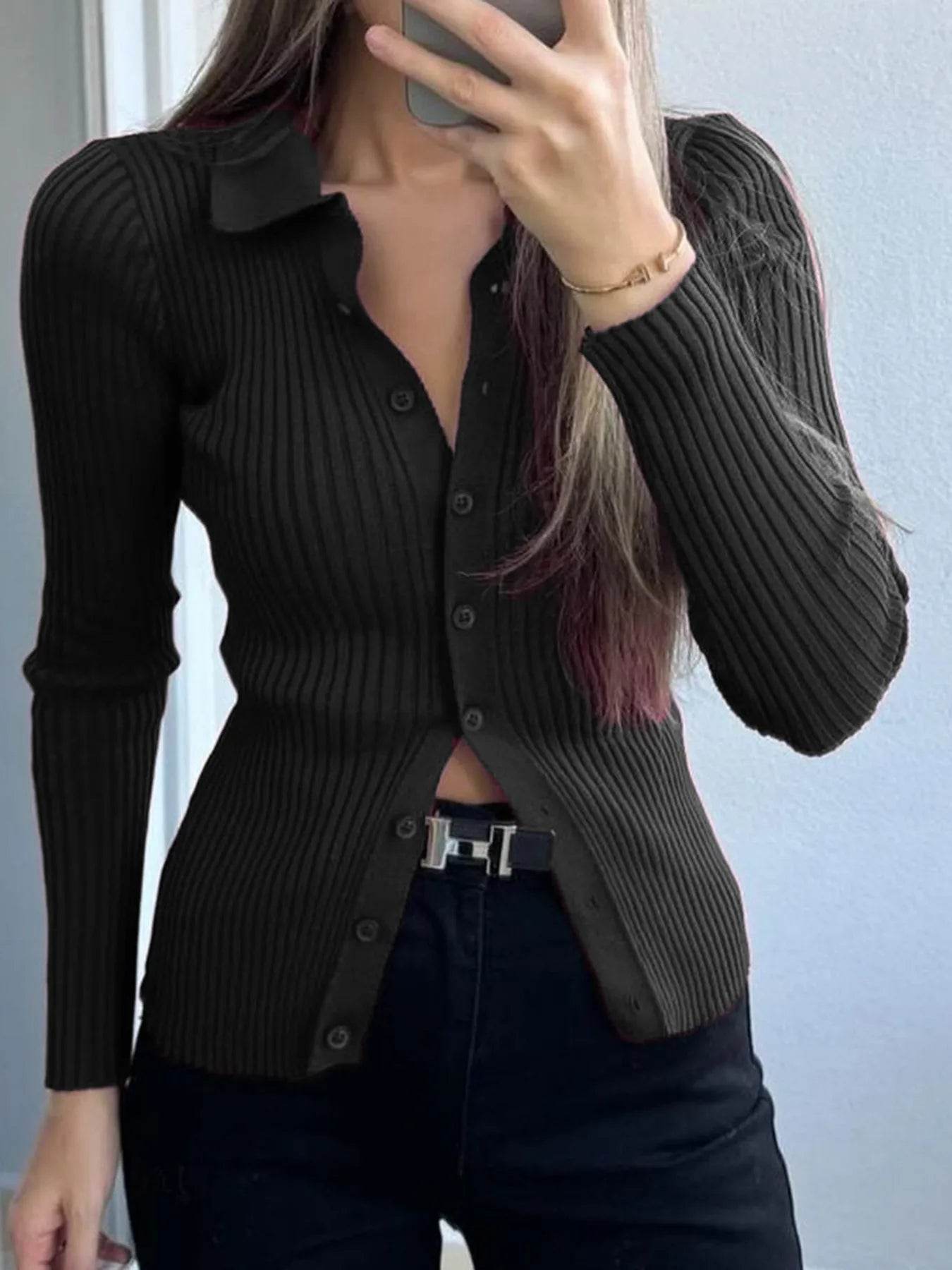 Ribbed Button-Front Long Sleeve Cardigan - Tredona LLC