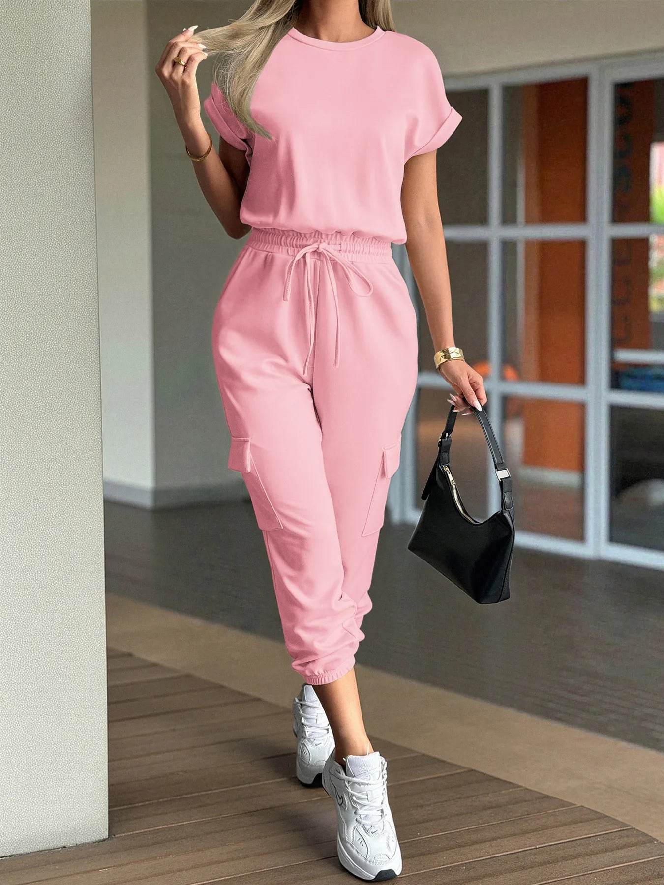 Round Neck Short Sleeve Top and Pants Set - Tredona LLC