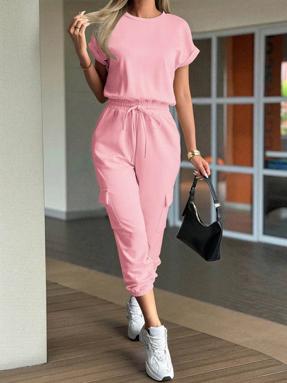 Round Neck Short Sleeve Top and Pants Set - Tredona LLC
