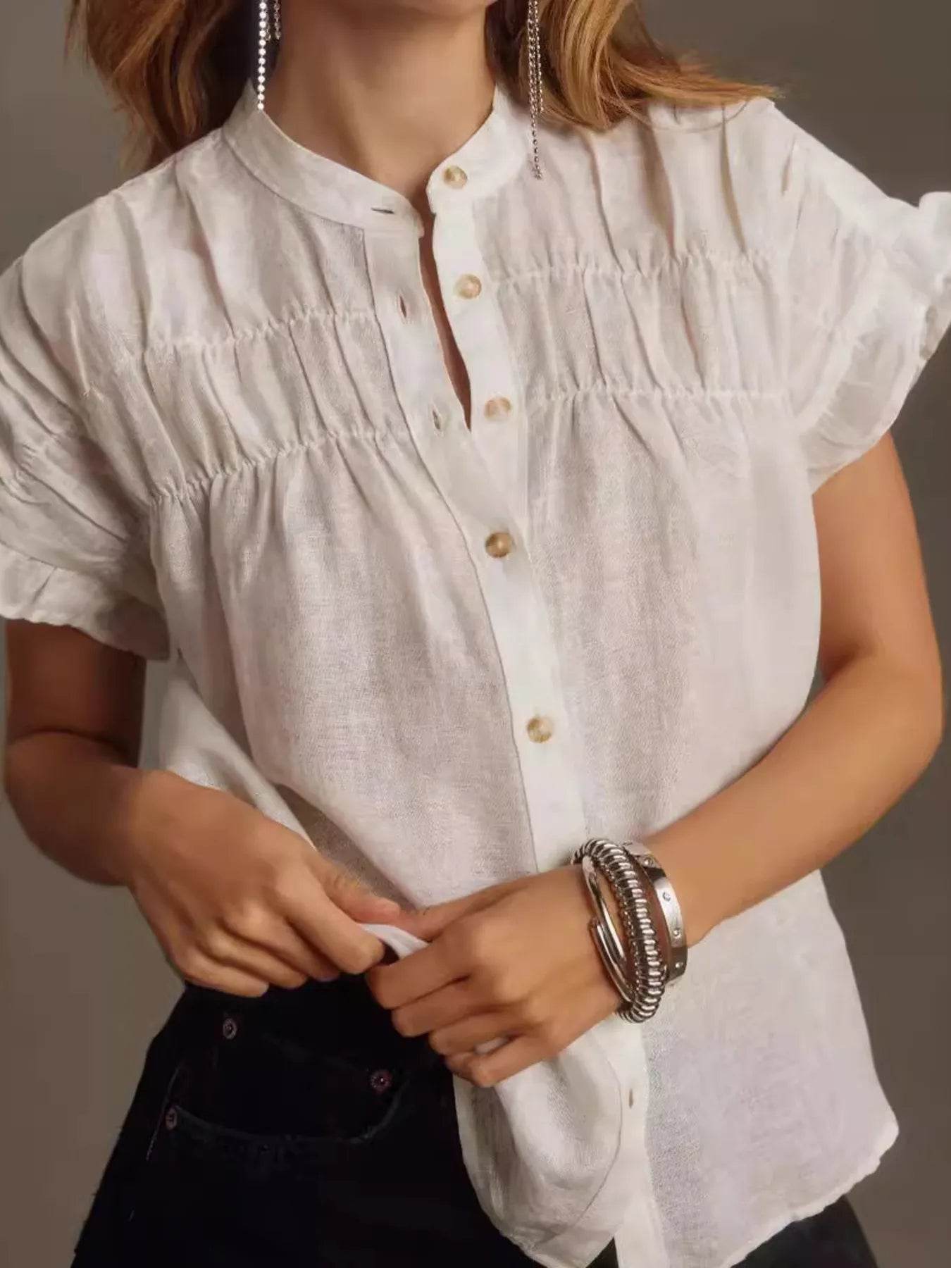 Ruffled Short Sleeve Button Up Shirt - Tredona LLC