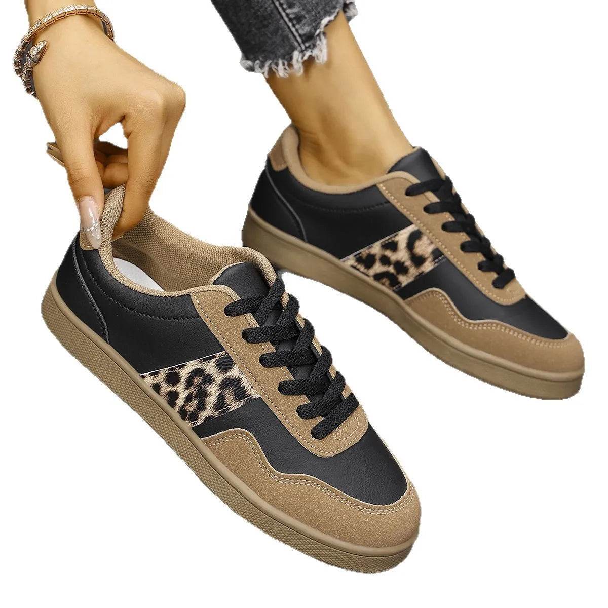 Leopard Lace Up Round Toe Sneakers - Tredona LLC