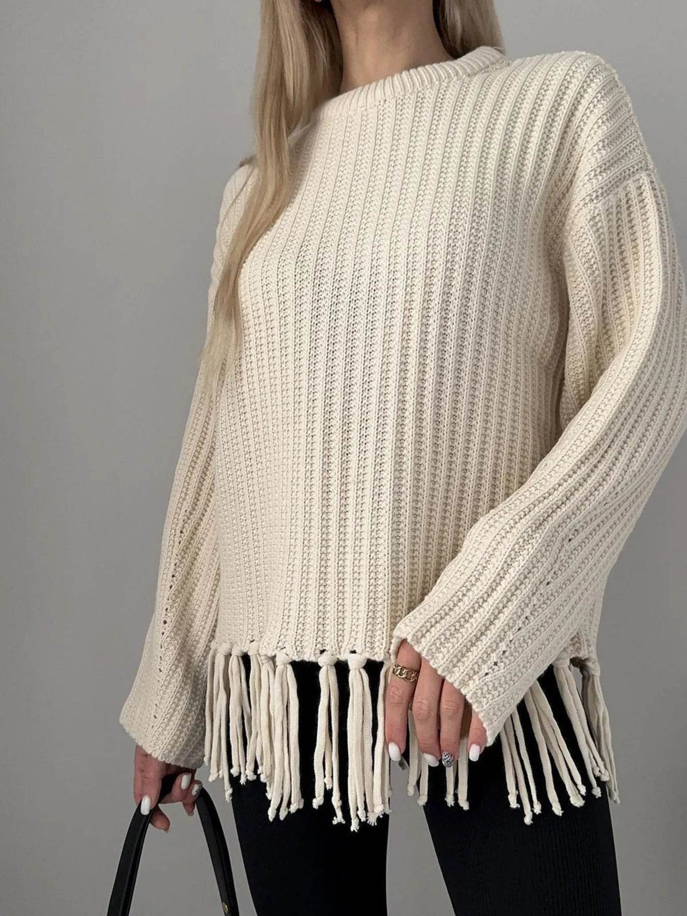 Fringe Round Neck Long Sleeve Sweater - Tredona LLC