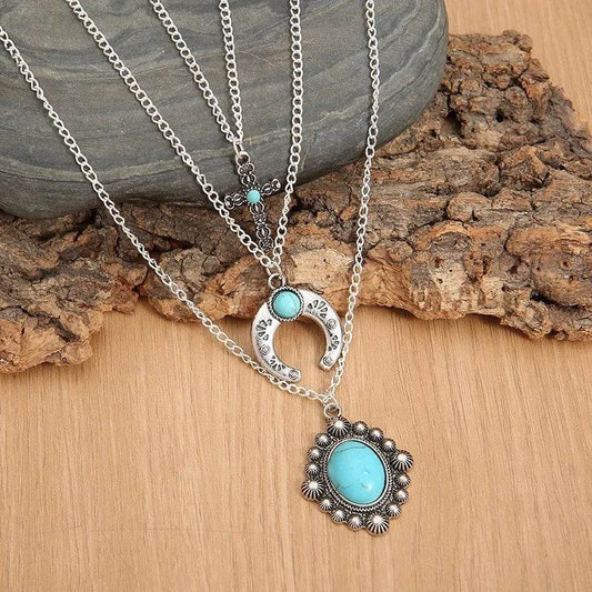 Artificial Turquoise Alloy Three-Layered Necklace - Tredona LLC