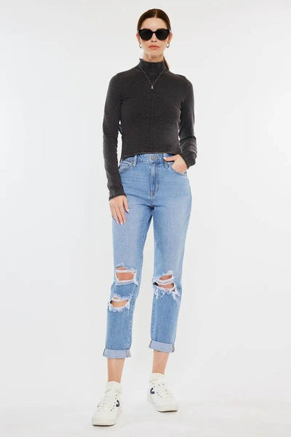 Kancan High Rise Distressed Mom Jeans - Tredona LLC