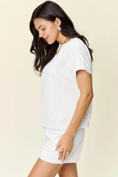 Double Take Full Size Texture Short Sleeve T-Shirt and Drawstring Shorts Set - Tredona LLC