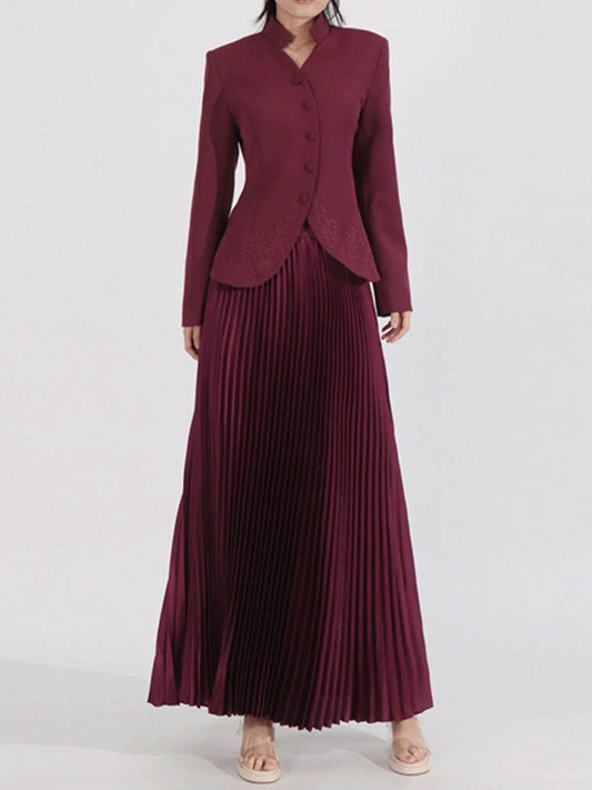 Button Up Long Sleeve Top and Pleated Skirt Set - Tredona LLC