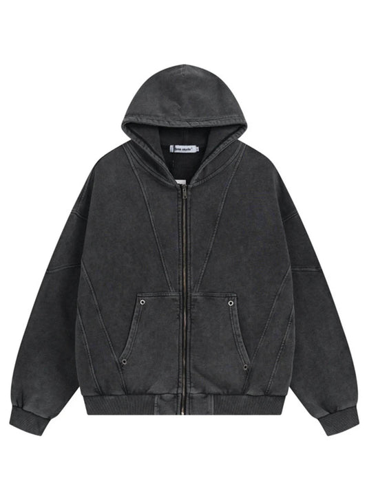Men's Washed Zip Up Long Sleeve Hooded Jacket - Tredona LLC