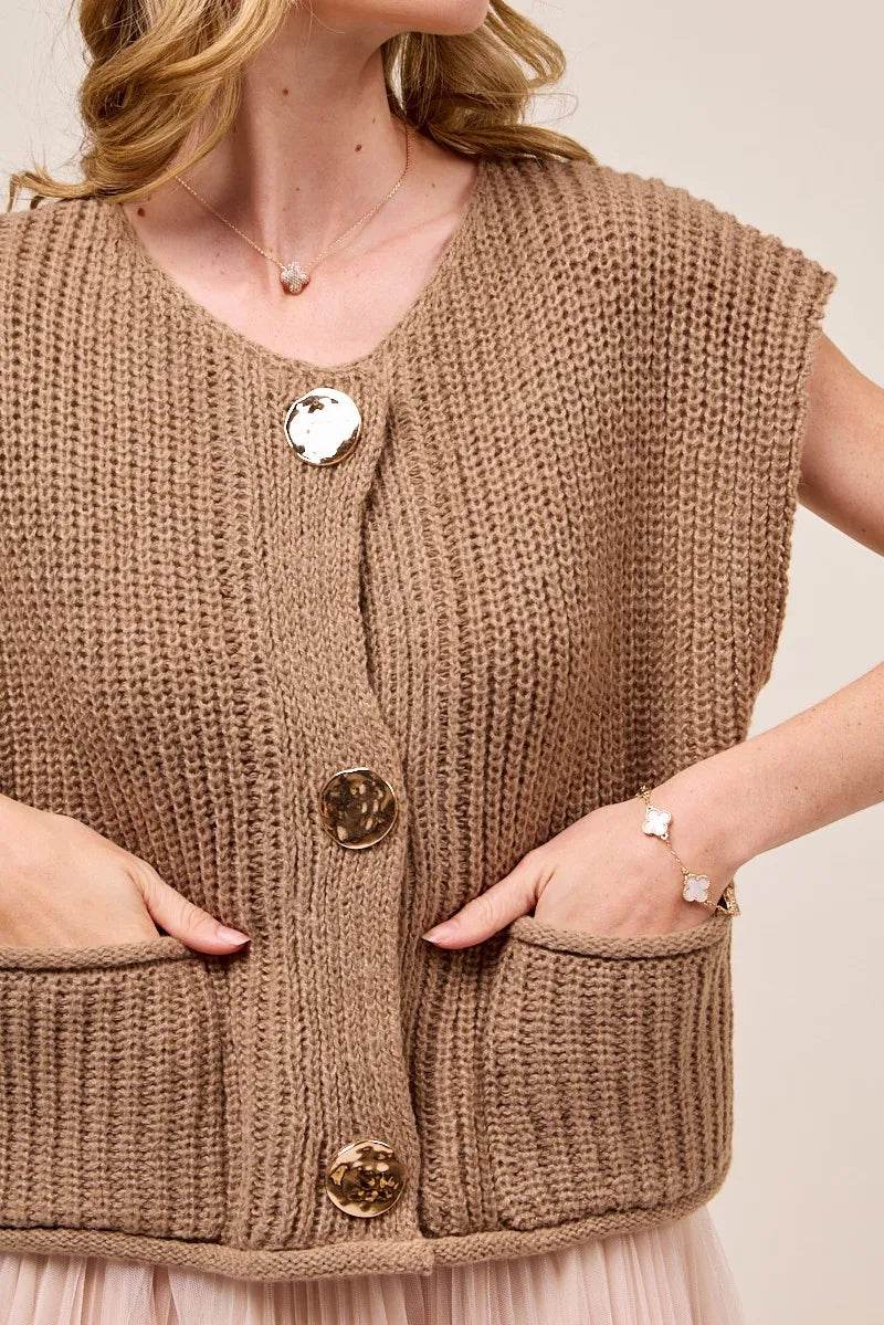 SO ME Big Metal Button Front Sweater Vest - Tredona LLC