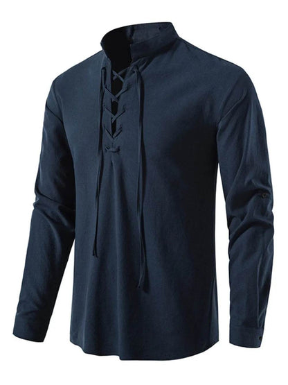 Men's Lace Up Long Sleeve Blouse - Tredona LLC
