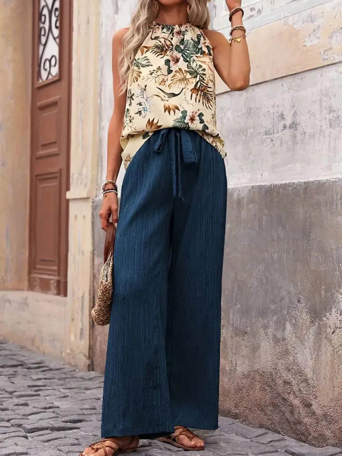 Printed Tank Top and Wide Leg Pants Set - Tredona LLC
