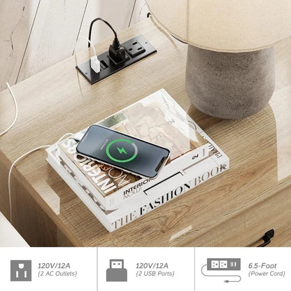 WAMPAT Nightstand Side Table with Charging Station, Light Wood End Table with 2 Drawers,Night Stand Bedside Table,Oak