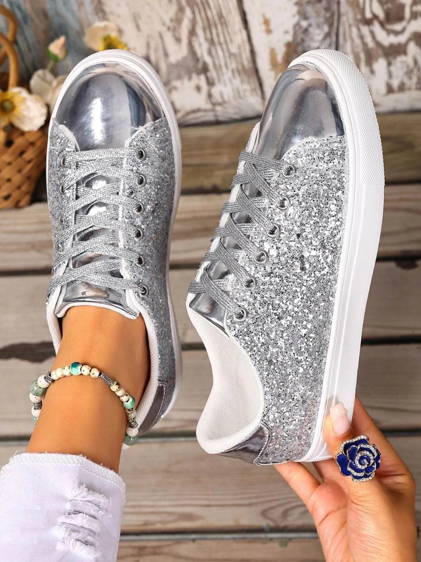 Sequin Lace Up Sneakers - Tredona LLC