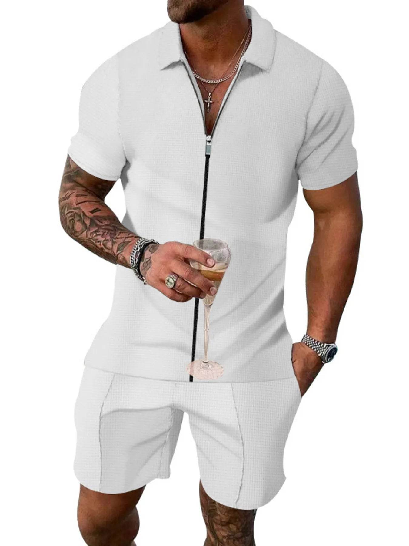 Men's Plus Size Zip Up Short Sleeve Top and Shorts Set - Tredona LLC